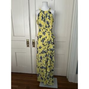 Eliza J Floral Halter Chiffon Ruffle Maxi Dress Womens Size 6 Yellow Blue Preppy